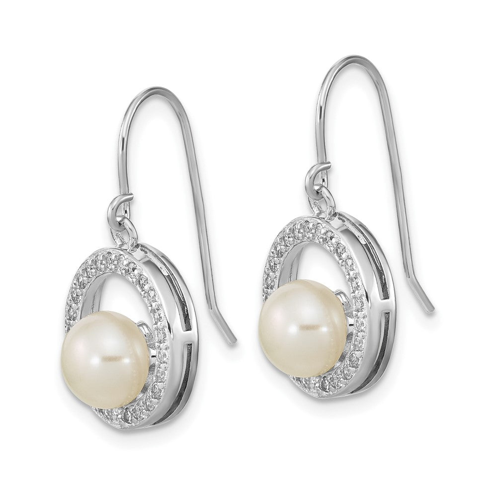 Sterling Silver Rhodium-Plated Polished White 6-7mm Freshwater Cultured Pearl & Cz Circle Dangle Earrings