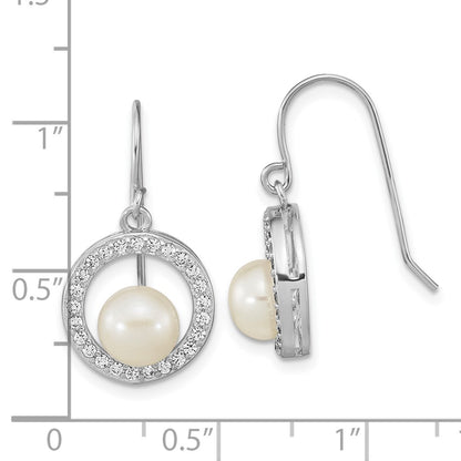 Sterling Silver Rhodium-Plated Polished White 6-7mm Freshwater Cultured Pearl & Cz Circle Dangle Earrings