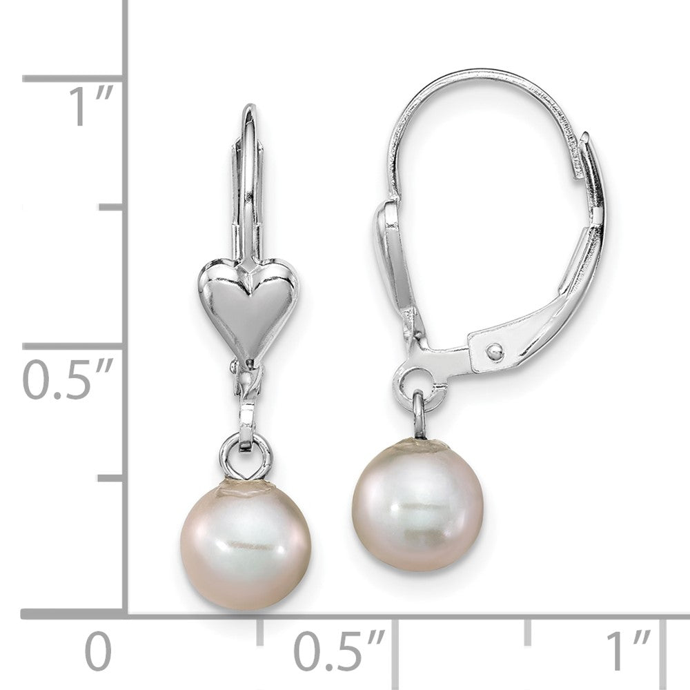 Sterling Silver Rhodium-Plated Polished 6-7mm Grey Freshwater Cultured Pearl Heart Leverback Dangle Earrings