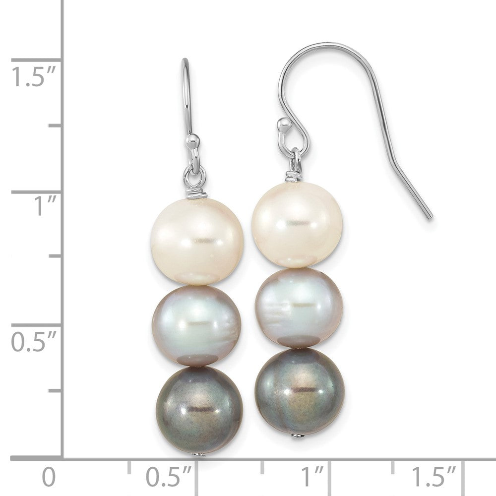 Sterling Silver Rhodium-Plated Polished 8-9mm Black, White & Grey Freshwater Cultured Pearl Dangle Earrings