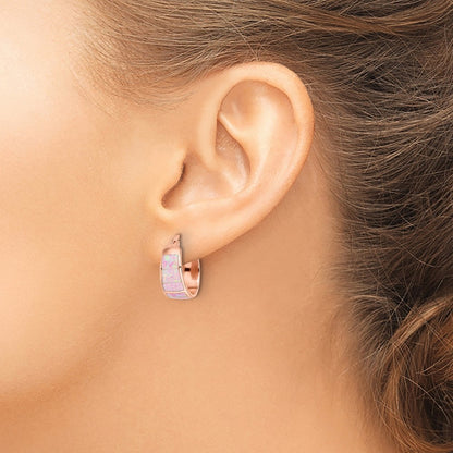 Sterling Silver Rose-Tone Polished Pink Created Opal Inlay Hoop Earrings