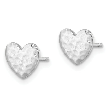 Sterling Silver Rhodium-Plated Polished Hammered Heart Post Earrings