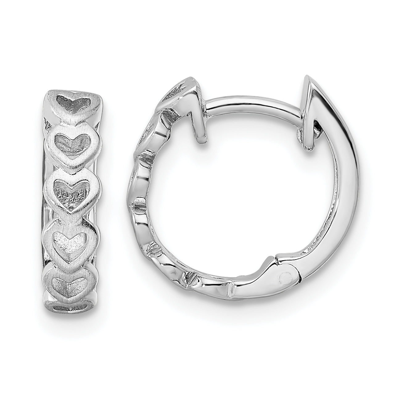 Sterling Silver Rh-Plated Brushed And Polished Finish Heart Hoop Earrings