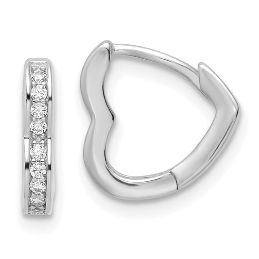 Sterling Silver Polished Rhodium-Plated Cz Heart Shaped Hoop Earrings