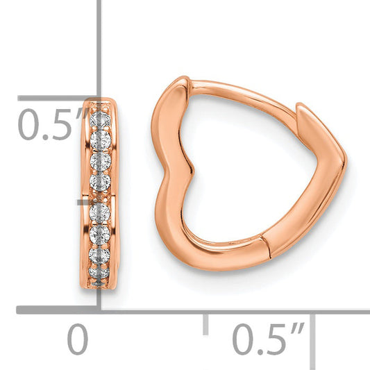 Sterling Silver Polished Rose-Tone Cz Hinged Heart Shaped Hoop Earrings