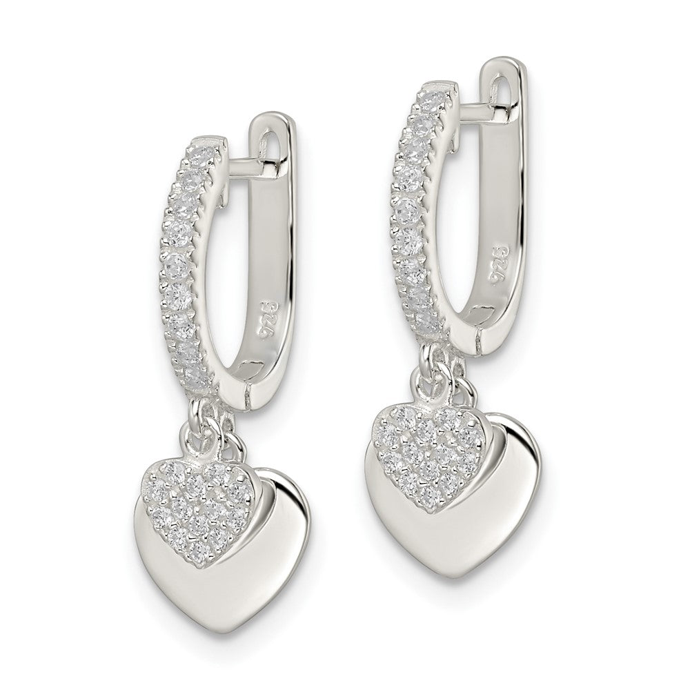 Sterling Silver Polished Cz Dangle Hearts Hinged Hoop Earrings