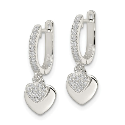 Sterling Silver Polished Cz Dangle Hearts Hinged Hoop Earrings