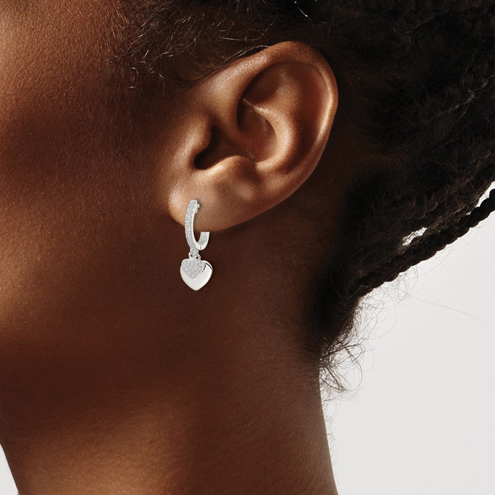 Sterling Silver Polished Cz Dangle Hearts Hinged Hoop Earrings