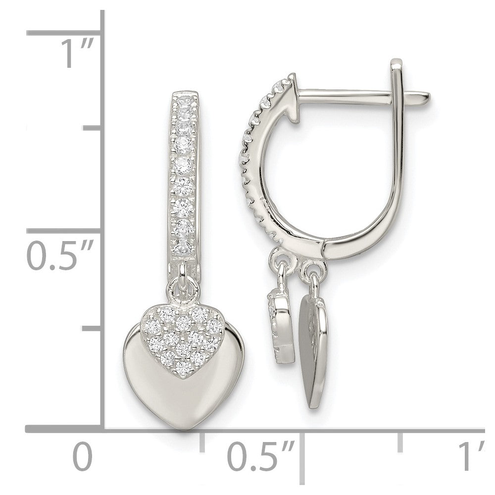 Sterling Silver Polished Cz Dangle Hearts Hinged Hoop Earrings