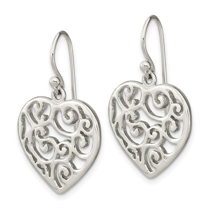 Sterling Silver Polished Filigree Heart Dangle Earrings
