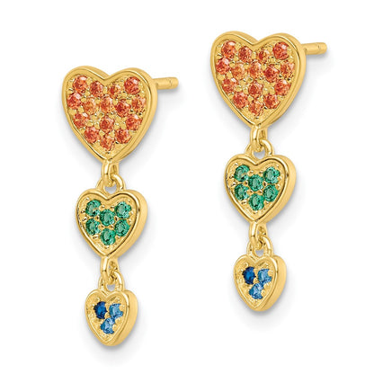 Sterling Silver Gold Tone Multicolor Cz Hearts Post Dangle Earrings