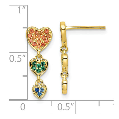 Sterling Silver Gold Tone Multicolor Cz Hearts Post Dangle Earrings