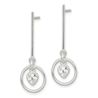 Sterling Silver Polished Dangle Heart Cz Post Earrings