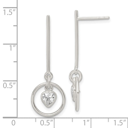 Sterling Silver Polished Dangle Heart Cz Post Earrings