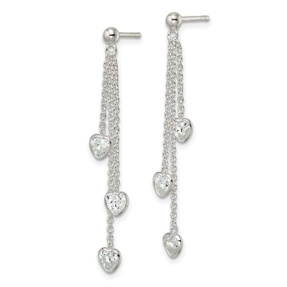 Sterling Silver Polished Dangle Heart Cz Post Earrings