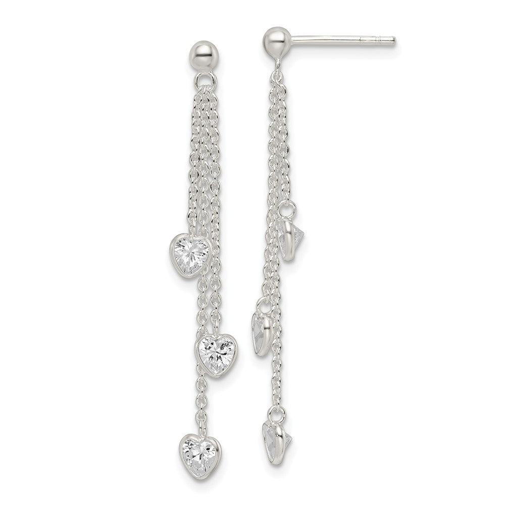 Sterling Silver Polished Dangle Heart Cz Post Earrings