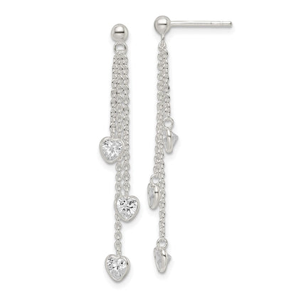 Sterling Silver Polished Dangle Heart Cz Post Earrings