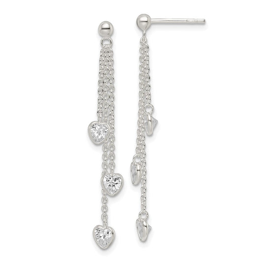 Sterling Silver Polished Dangle Heart Cz Post Earrings