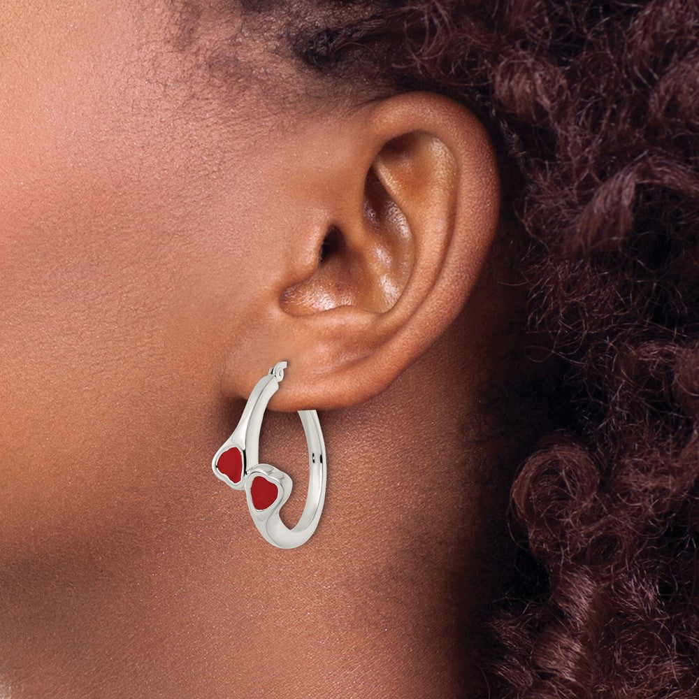 Sterling Silver Polished Red Enamel Hearts Circle Hoop Earrings