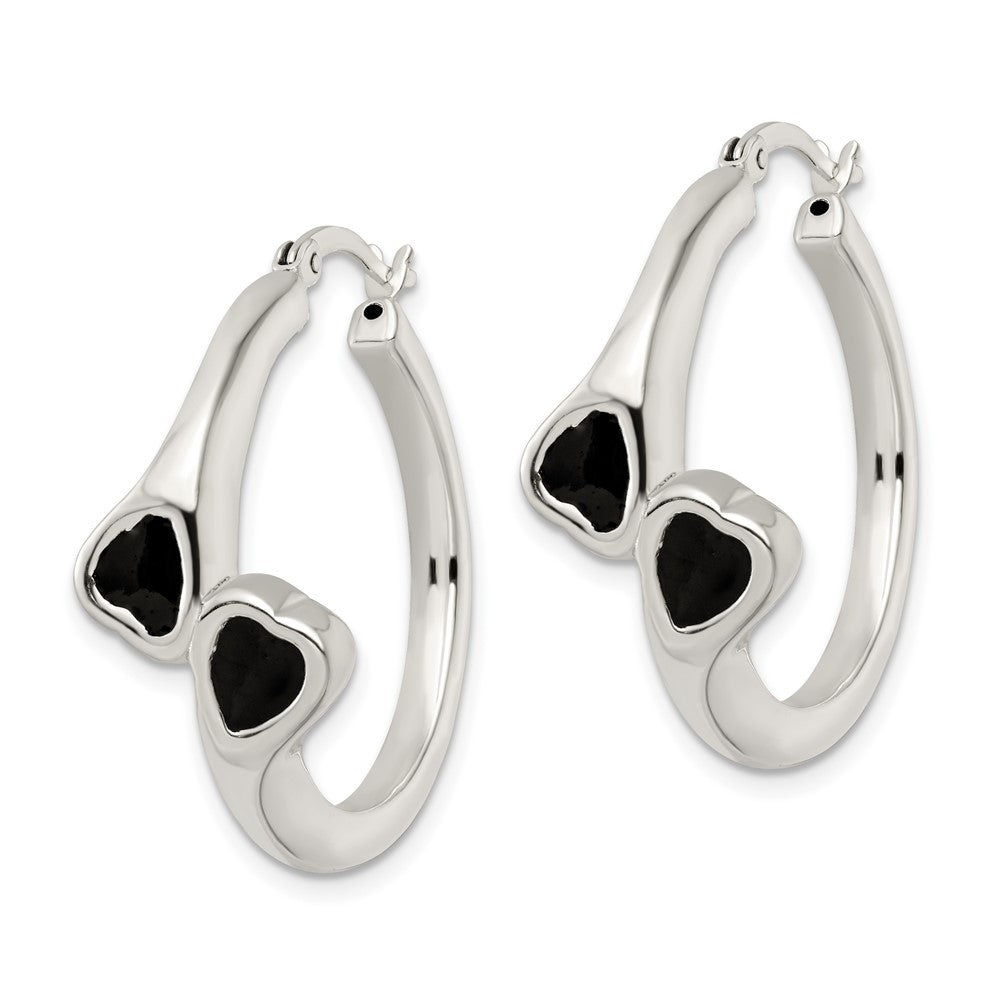 Sterling Silver Polished Black Enameled Bypass Circle Hoop Earrings
