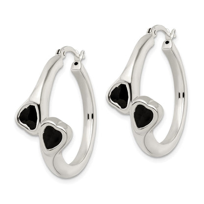 Sterling Silver Polished Black Enameled Bypass Circle Hoop Earrings