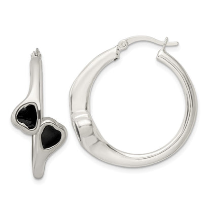 Sterling Silver Polished Black Enameled Bypass Circle Hoop Earrings