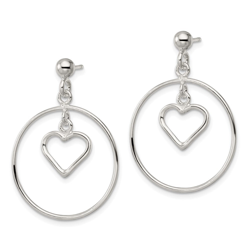 Sterling Silver Polished Circle W/Dangle Heart Post Earrings