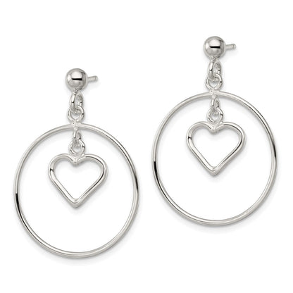 Sterling Silver Polished Circle W/Dangle Heart Post Earrings