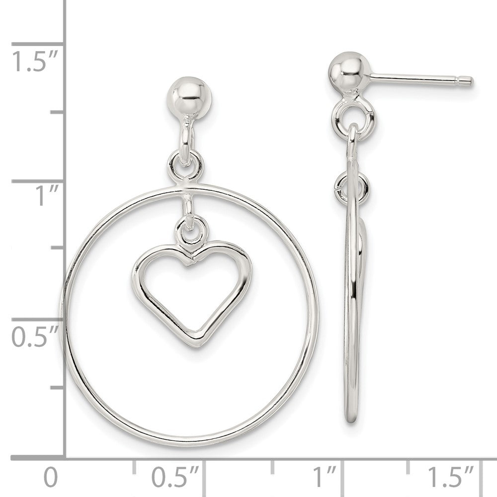 Sterling Silver Polished Circle W/Dangle Heart Post Earrings