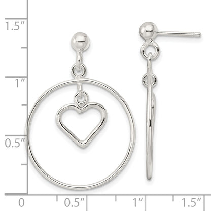 Sterling Silver Polished Circle W/Dangle Heart Post Earrings