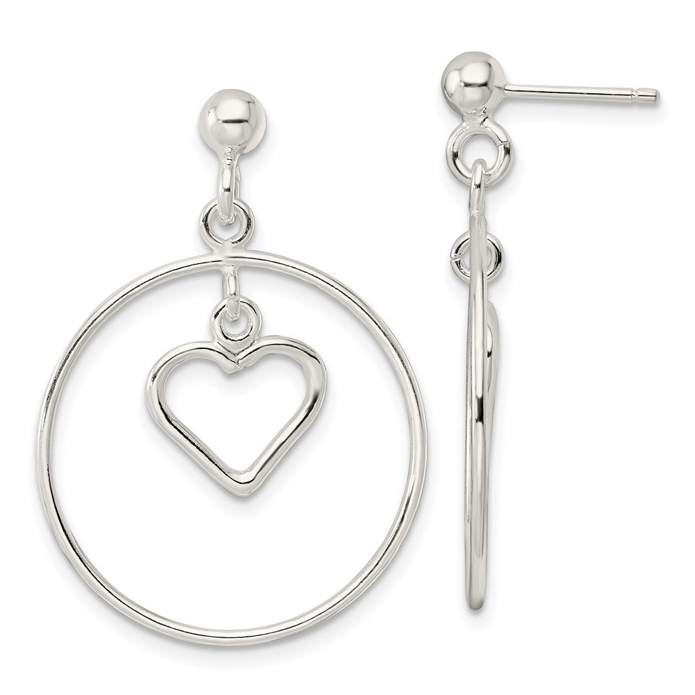 Sterling Silver Polished Circle W/Dangle Heart Post Earrings