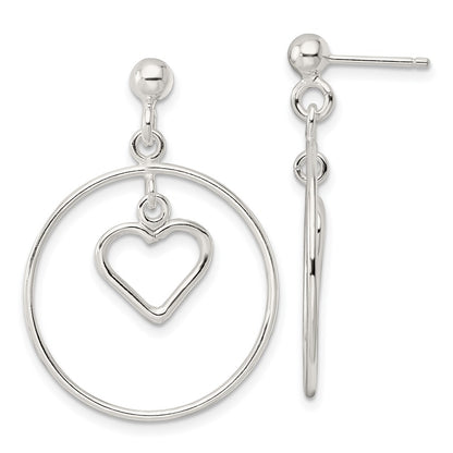 Sterling Silver Polished Circle W/Dangle Heart Post Earrings