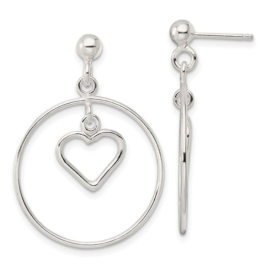 Sterling Silver Polished Circle W/Dangle Heart Post Earrings