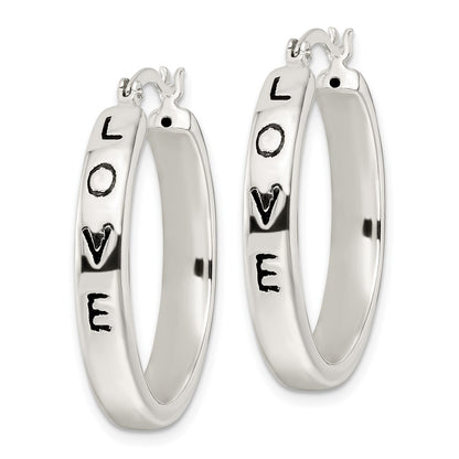 Sterling Silver Polished Black Enamel Love Circle Hoop Earrings
