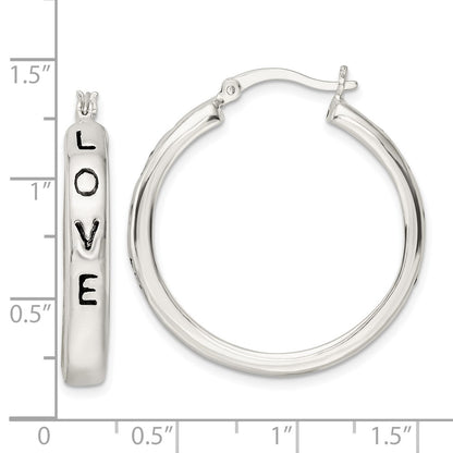 Sterling Silver Polished Black Enamel Love Circle Hoop Earrings