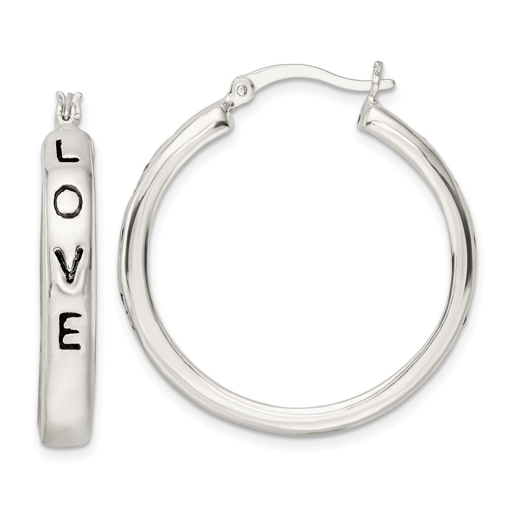 Sterling Silver Polished Black Enamel Love Circle Hoop Earrings