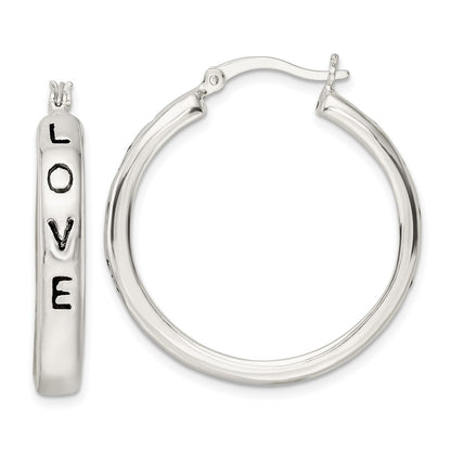 Sterling Silver Polished Black Enamel Love Circle Hoop Earrings