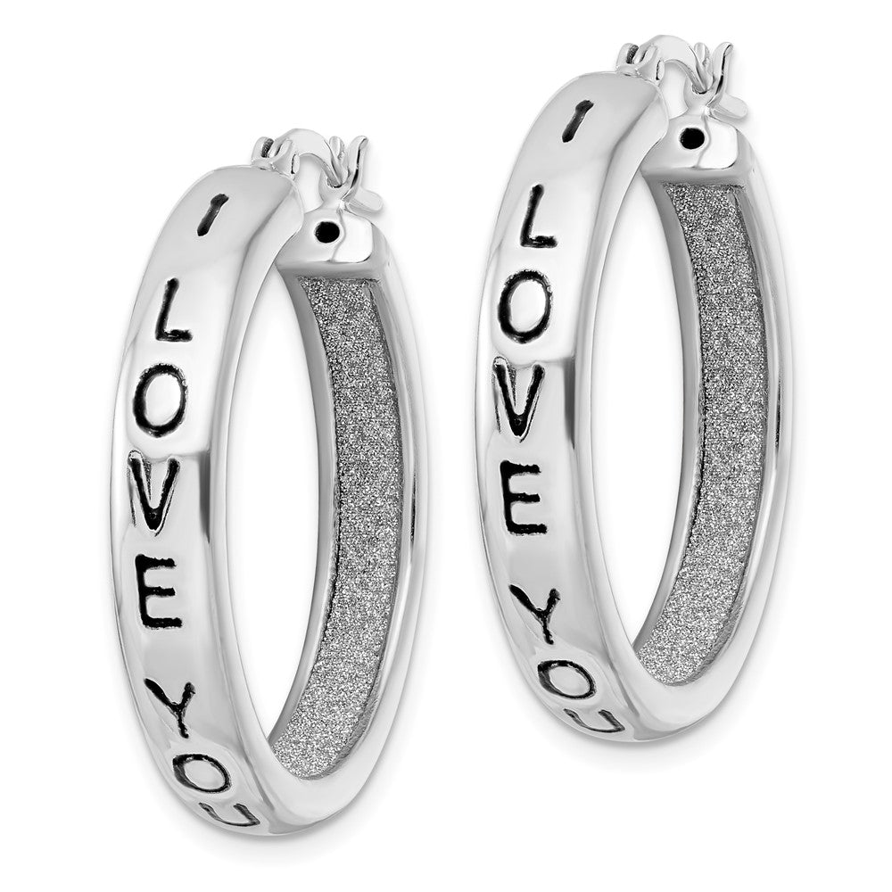 Sterling Silver Rhodium-Plated Fabric Glitter I Love You Hoop Earrings