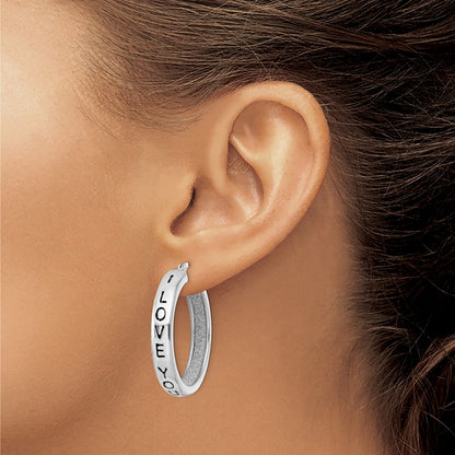 Sterling Silver Rhodium-Plated Fabric Glitter I Love You Hoop Earrings