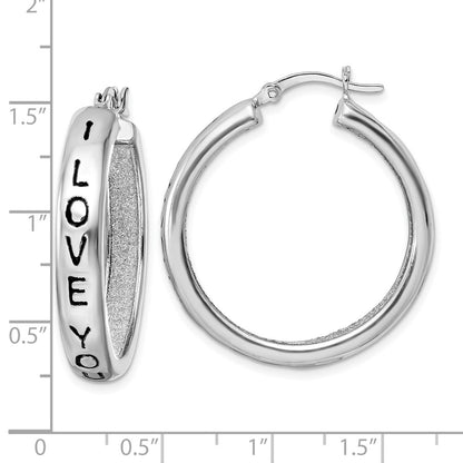 Sterling Silver Rhodium-Plated Fabric Glitter I Love You Hoop Earrings