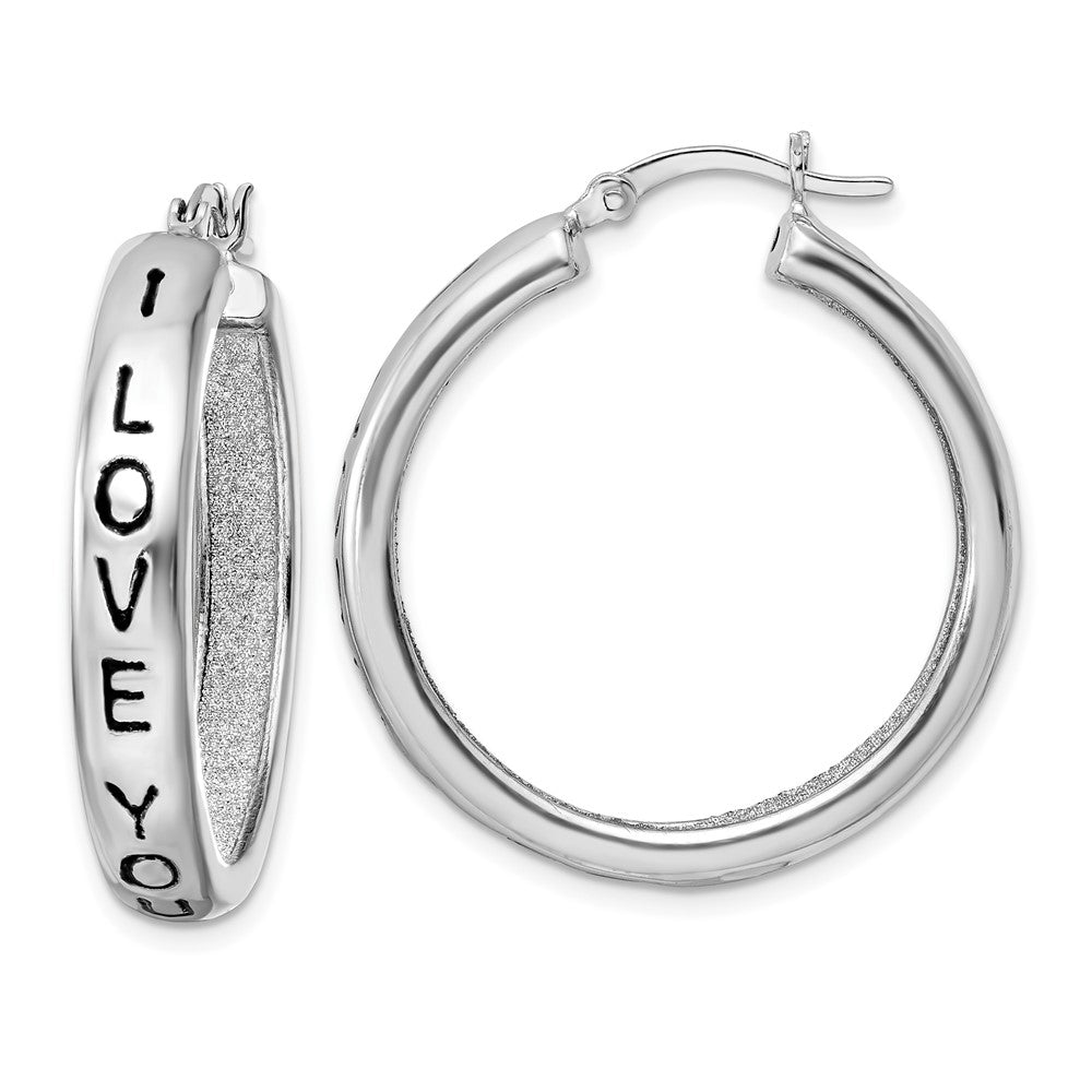 Sterling Silver Rhodium-Plated Fabric Glitter I Love You Hoop Earrings