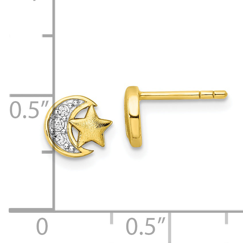 Sterling Silver Gold-Tone Cz Star And Moon Post Earrings