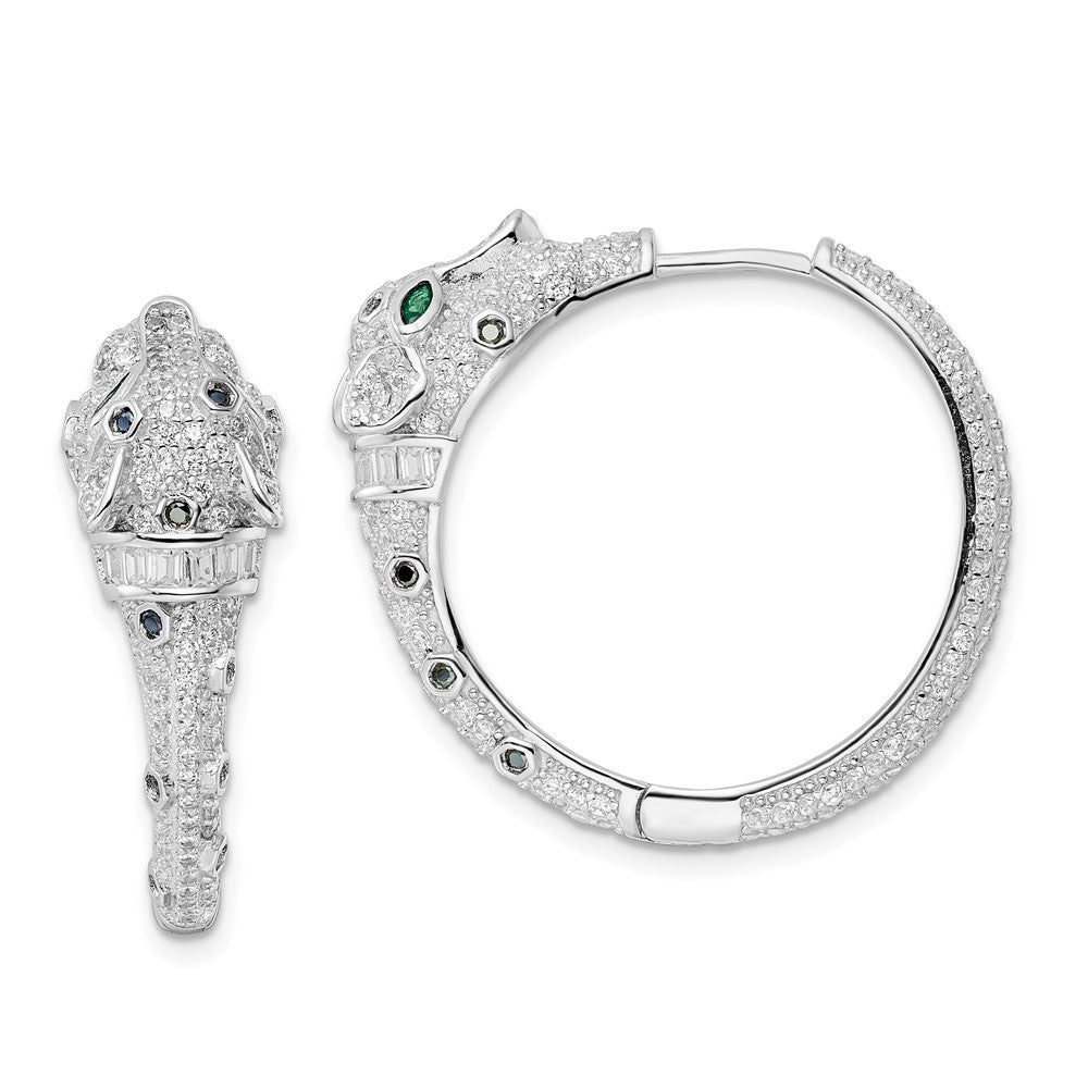Sterling Silver Rhodium-Plated Polished Cz Cheetah Hinged Hoop Earrings