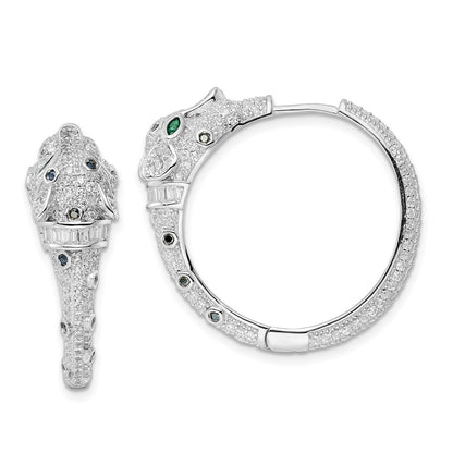 Sterling Silver Rhodium-Plated Polished Cz Cheetah Hinged Hoop Earrings