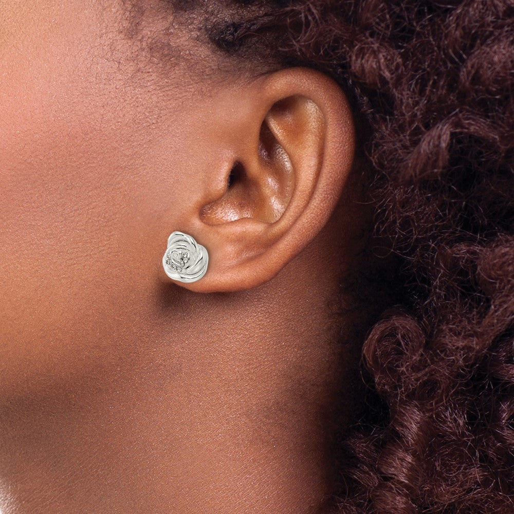 Sterling Silver Polished & Lasered Crystal Rose Post Earrings