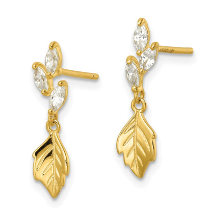 Sterling Silver Gold Tone Cz W/ Dangle Leaf Post Earrings