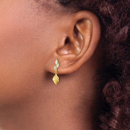 Sterling Silver Gold Tone Cz W/ Dangle Leaf Post Earrings