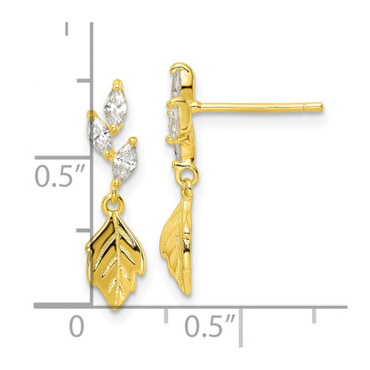 Sterling Silver Gold Tone Cz W/ Dangle Leaf Post Earrings