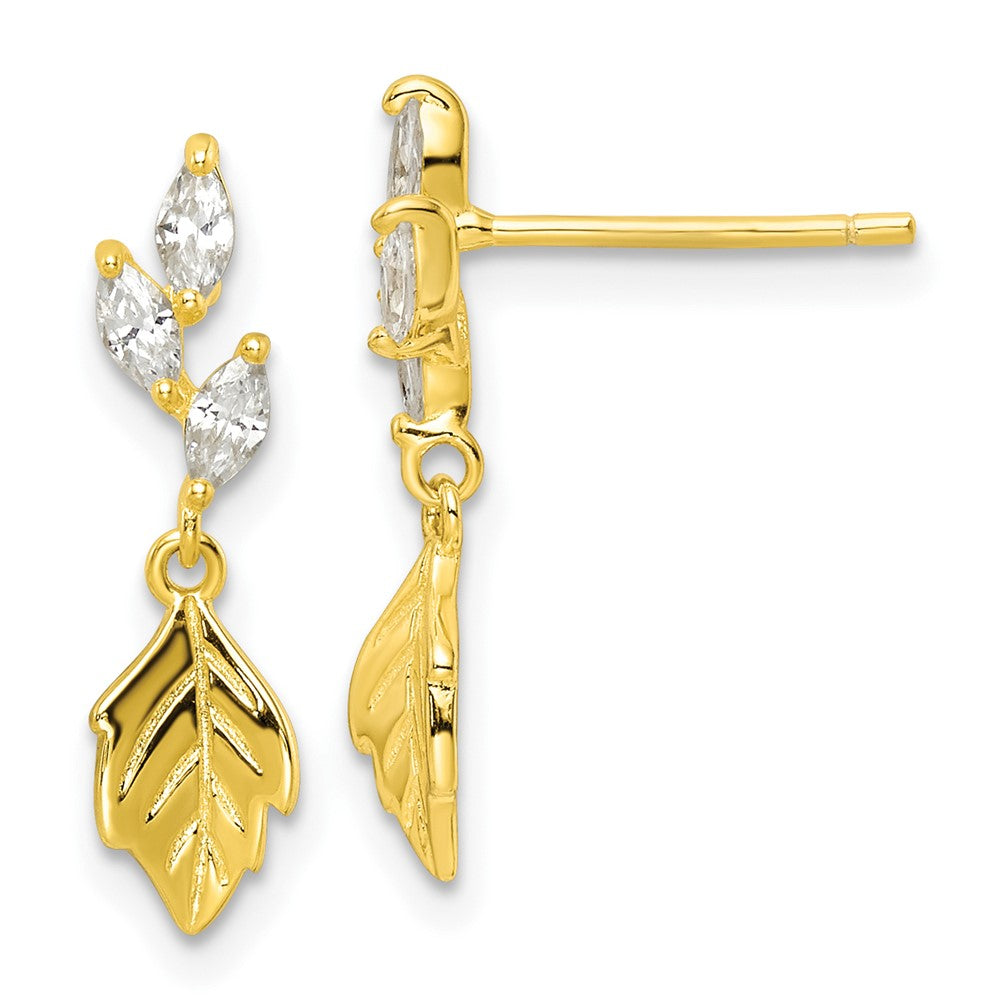 Sterling Silver Gold Tone Cz W/ Dangle Leaf Post Earrings