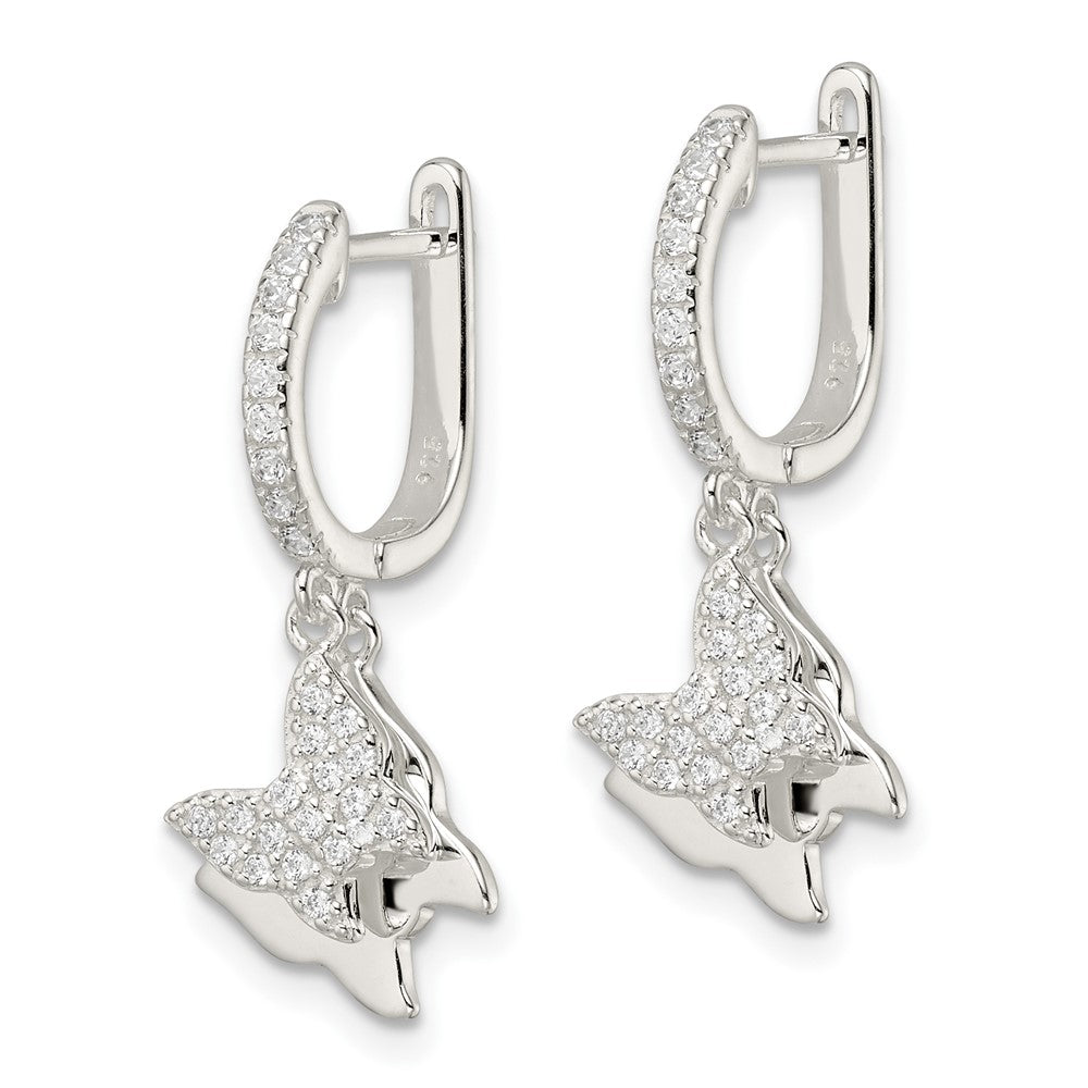 Sterling Silver Polished Cz Dangle Butterflies Hinged Post Earrings